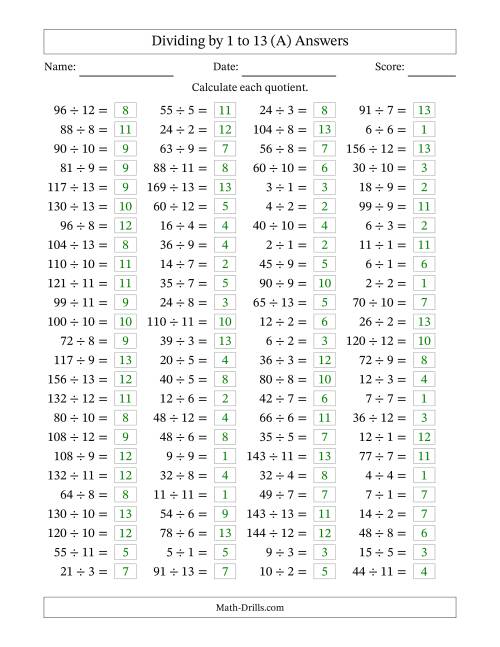 The Horizontally Arranged Division Facts with Divisors 1 to 13 and Dividends to 169 (100 Questions) (A) Math Worksheet Page 2