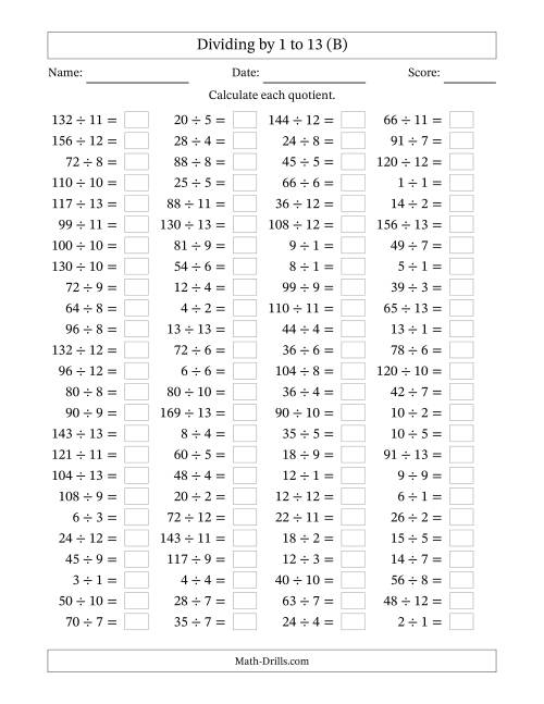 The Horizontally Arranged Division Facts with Divisors 1 to 13 and Dividends to 169 (100 Questions) (B) Math Worksheet