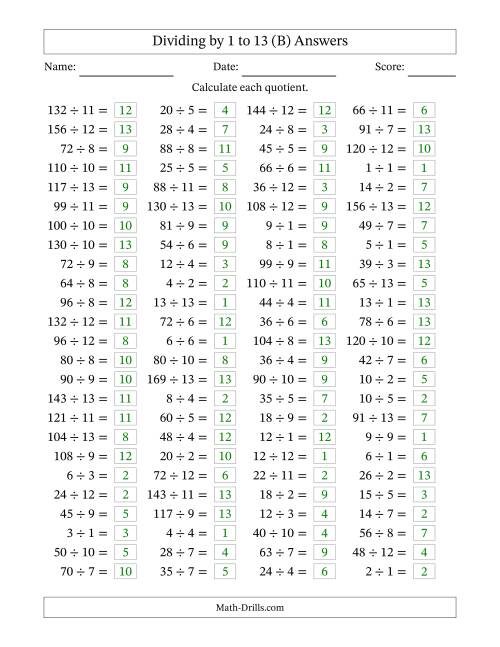 The Horizontally Arranged Division Facts with Divisors 1 to 13 and Dividends to 169 (100 Questions) (B) Math Worksheet Page 2