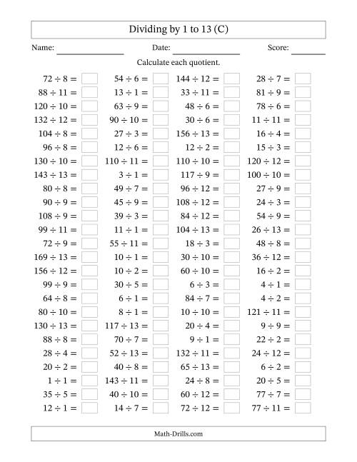 The Horizontally Arranged Division Facts with Divisors 1 to 13 and Dividends to 169 (100 Questions) (C) Math Worksheet