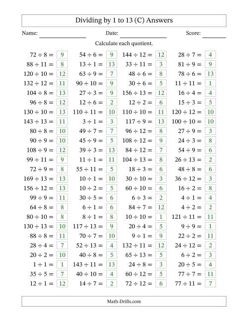 The Horizontally Arranged Division Facts with Divisors 1 to 13 and Dividends to 169 (100 Questions) (C) Math Worksheet Page 2