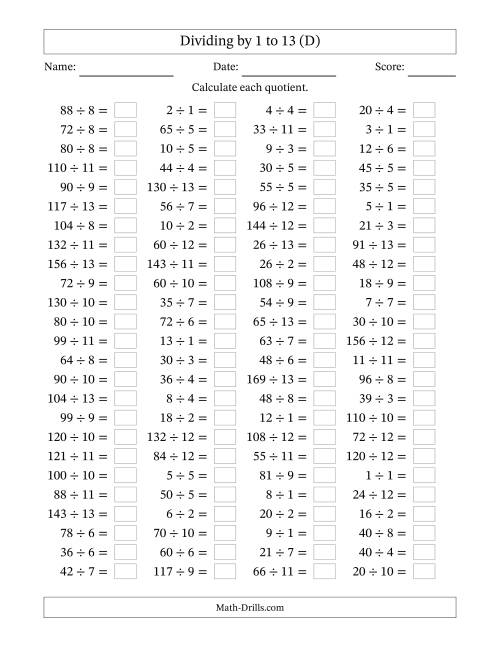 The Horizontally Arranged Division Facts with Divisors 1 to 13 and Dividends to 169 (100 Questions) (D) Math Worksheet