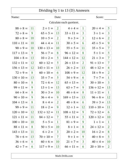 The Horizontally Arranged Division Facts with Divisors 1 to 13 and Dividends to 169 (100 Questions) (D) Math Worksheet Page 2