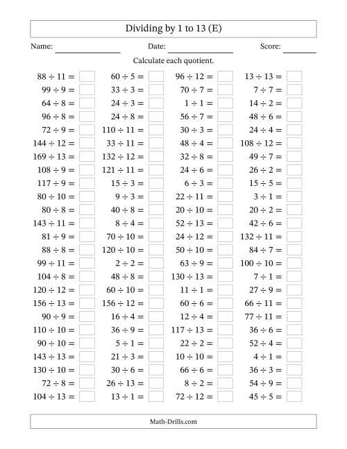 The Horizontally Arranged Division Facts with Divisors 1 to 13 and Dividends to 169 (100 Questions) (E) Math Worksheet