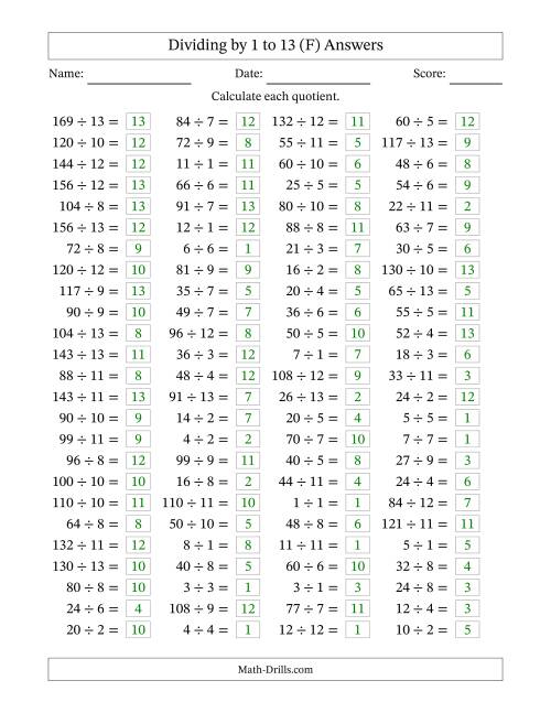 The Horizontally Arranged Division Facts with Divisors 1 to 13 and Dividends to 169 (100 Questions) (F) Math Worksheet Page 2