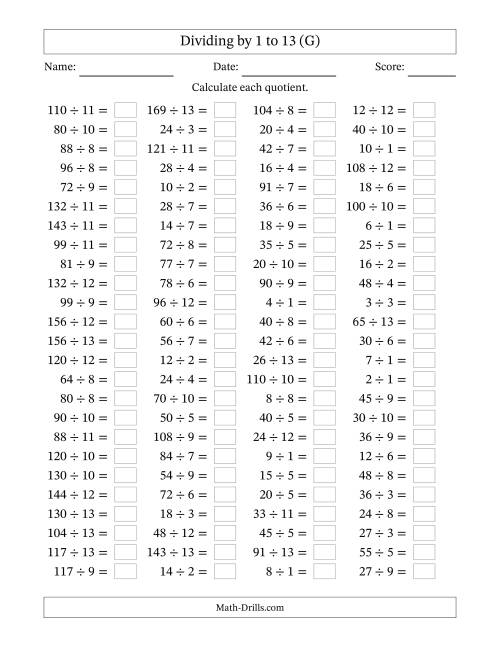 The Horizontally Arranged Division Facts with Divisors 1 to 13 and Dividends to 169 (100 Questions) (G) Math Worksheet
