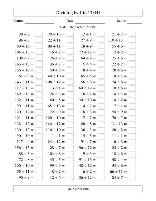 The Horizontally Arranged Division Facts with Divisors 1 to 13 and Dividends to 169 (100 Questions) (H) Math Worksheet