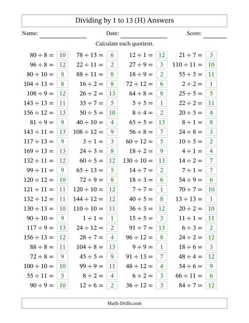The Horizontally Arranged Division Facts with Divisors 1 to 13 and Dividends to 169 (100 Questions) (H) Math Worksheet Page 2