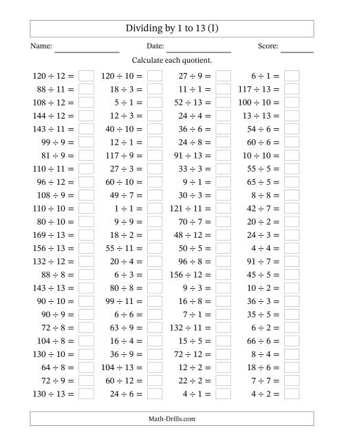 The Horizontally Arranged Division Facts with Divisors 1 to 13 and Dividends to 169 (100 Questions) (I) Math Worksheet