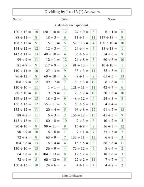 The Horizontally Arranged Division Facts with Divisors 1 to 13 and Dividends to 169 (100 Questions) (I) Math Worksheet Page 2