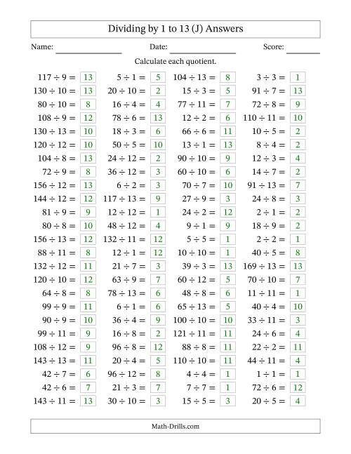 The Horizontally Arranged Division Facts with Divisors 1 to 13 and Dividends to 169 (100 Questions) (J) Math Worksheet Page 2