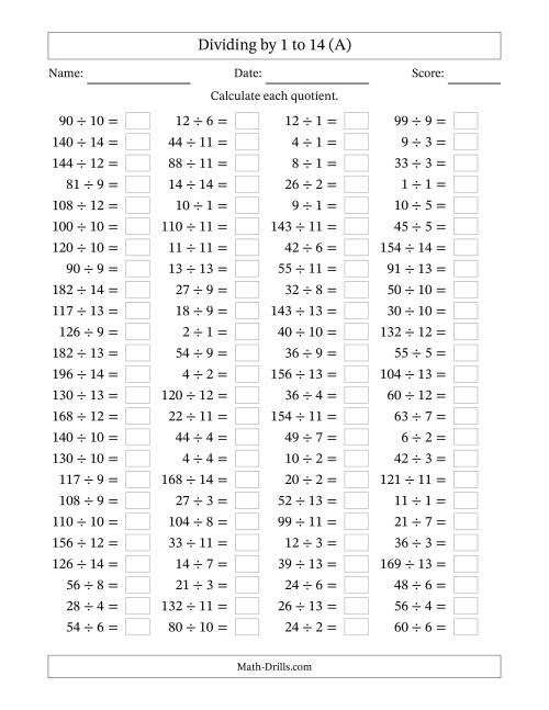 The Horizontally Arranged Division Facts with Divisors 1 to 14 and Dividends to 196 (100 Questions) (A) Math Worksheet