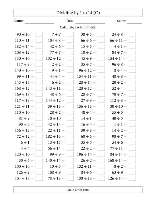 The Horizontally Arranged Division Facts with Divisors 1 to 14 and Dividends to 196 (100 Questions) (C) Math Worksheet