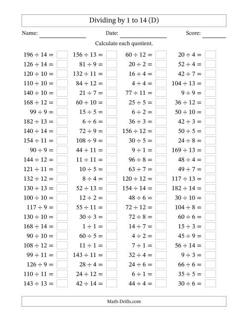 The Horizontally Arranged Division Facts with Divisors 1 to 14 and Dividends to 196 (100 Questions) (D) Math Worksheet