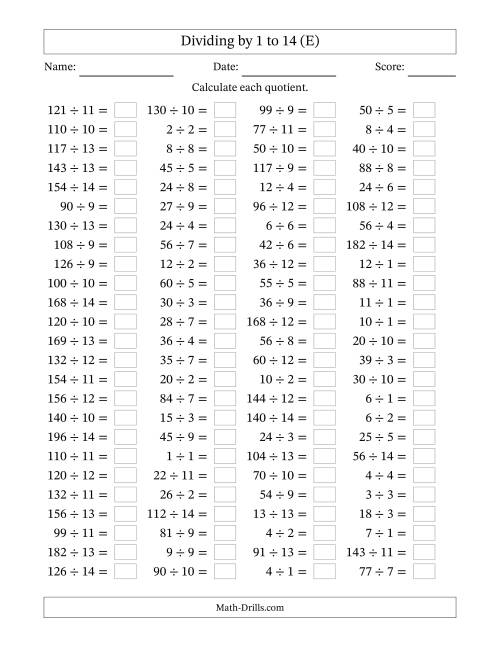 The Division Facts to 196 No Zeros (E) Math Worksheet