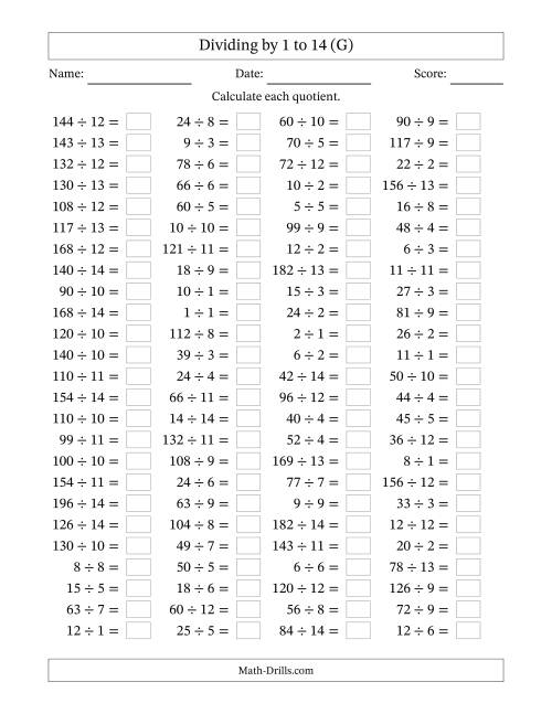 The Division Facts to 196 No Zeros (G) Math Worksheet