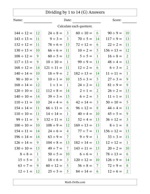 The Horizontally Arranged Division Facts with Divisors 1 to 14 and Dividends to 196 (100 Questions) (G) Math Worksheet Page 2