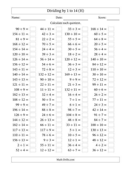 The Horizontally Arranged Division Facts with Divisors 1 to 14 and Dividends to 196 (100 Questions) (H) Math Worksheet