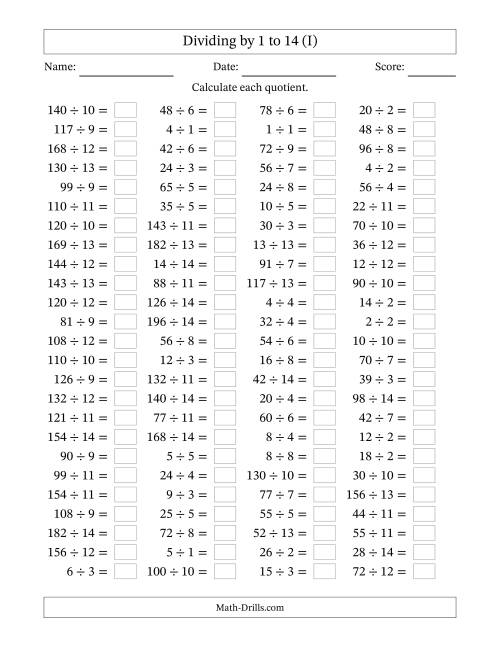 The Division Facts to 196 No Zeros (I) Math Worksheet
