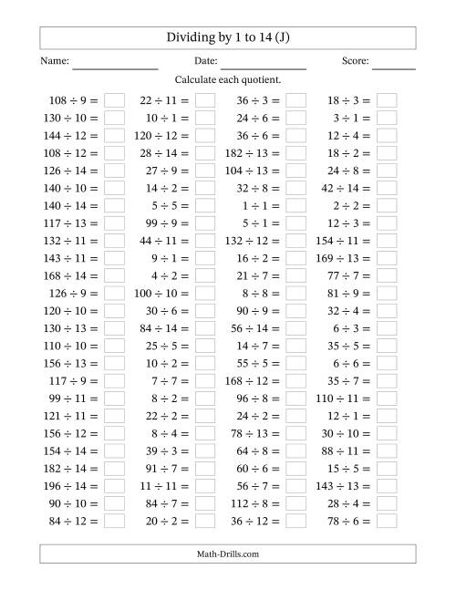 The Horizontally Arranged Division Facts with Divisors 1 to 14 and Dividends to 196 (100 Questions) (J) Math Worksheet