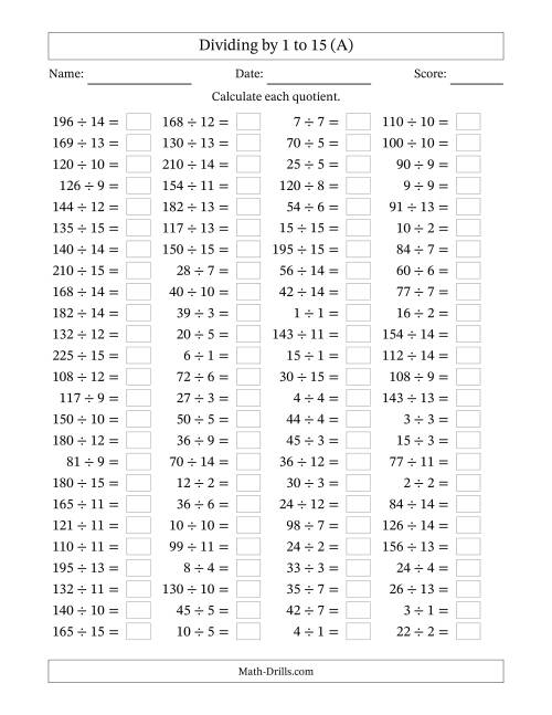 The Horizontally Arranged Division Facts with Divisors 1 to 15 and Dividends to 225 (100 Questions) (A) Math Worksheet