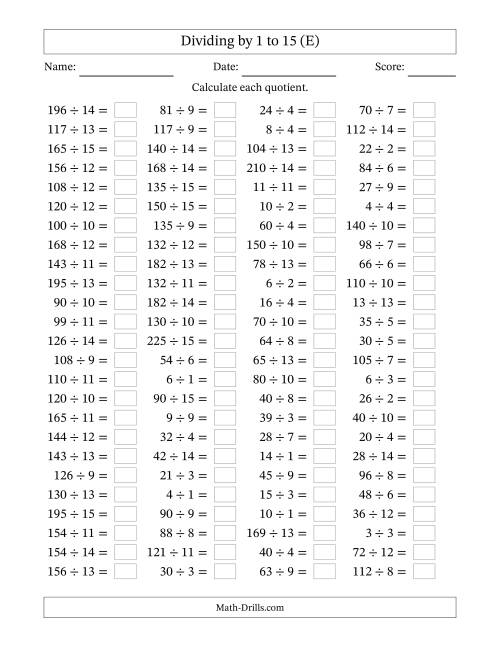 The Horizontally Arranged Division Facts with Divisors 1 to 15 and Dividends to 225 (100 Questions) (E) Math Worksheet