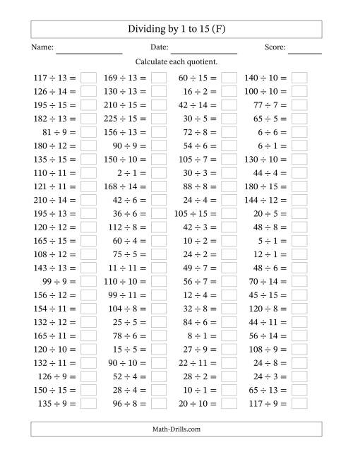 The Horizontally Arranged Division Facts with Divisors 1 to 15 and Dividends to 225 (100 Questions) (F) Math Worksheet