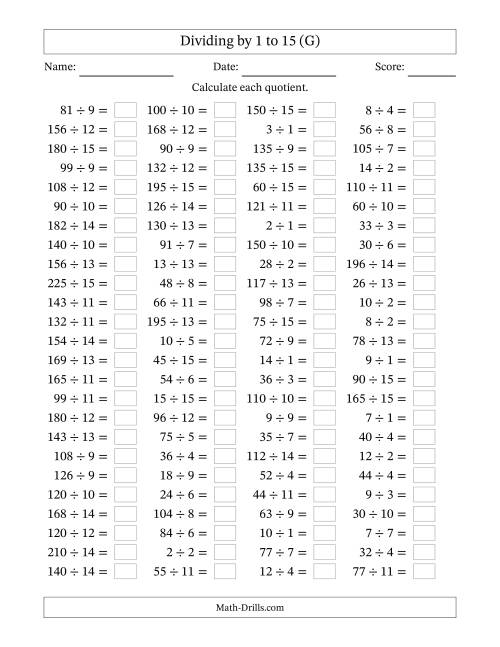 The Horizontally Arranged Division Facts with Divisors 1 to 15 and Dividends to 225 (100 Questions) (G) Math Worksheet