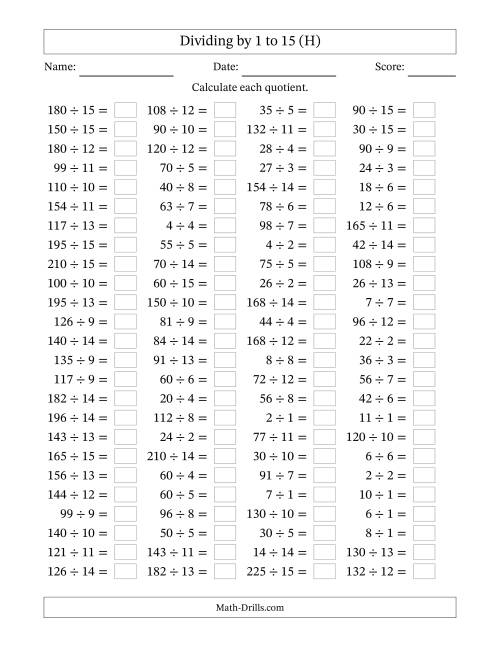 The Horizontally Arranged Division Facts with Divisors 1 to 15 and Dividends to 225 (100 Questions) (H) Math Worksheet