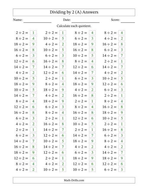 The Horizontally Arranged Dividing by 2 with Quotients 1 to 9 (100 Questions) (A) Math Worksheet Page 2