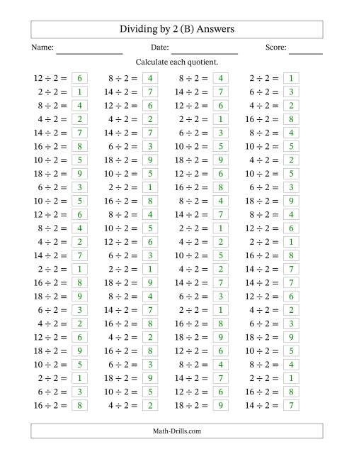 The Horizontally Arranged Dividing by 2 with Quotients 1 to 9 (100 Questions) (B) Math Worksheet Page 2