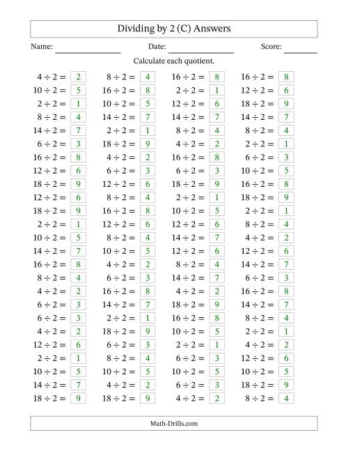 The Horizontally Arranged Dividing by 2 with Quotients 1 to 9 (100 Questions) (C) Math Worksheet Page 2