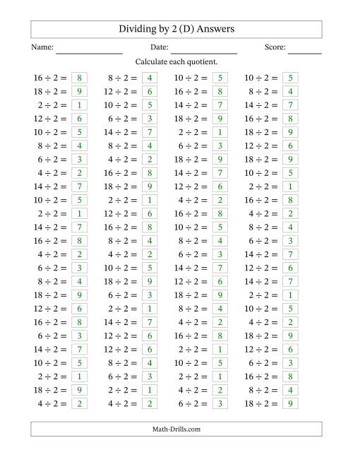 The Horizontally Arranged Dividing by 2 with Quotients 1 to 9 (100 Questions) (D) Math Worksheet Page 2