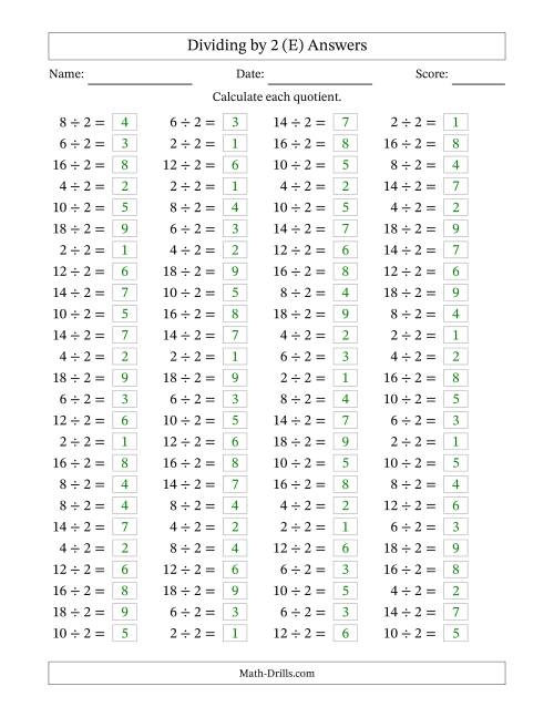 The Horizontally Arranged Dividing by 2 with Quotients 1 to 9 (100 Questions) (E) Math Worksheet Page 2
