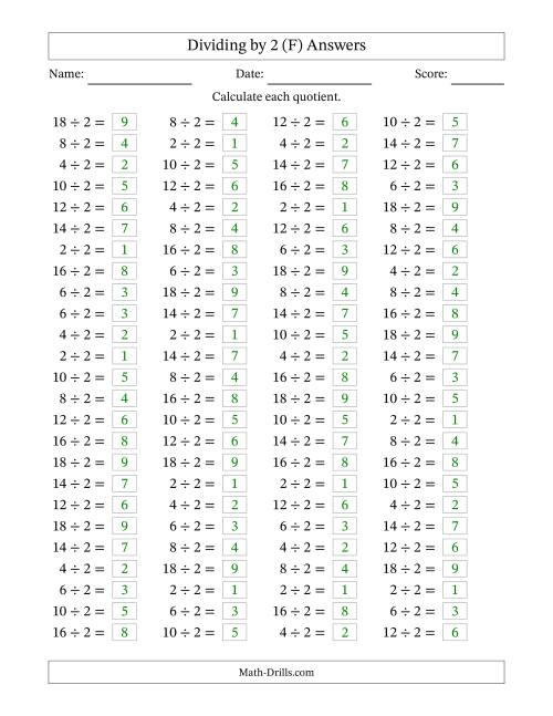 The Horizontally Arranged Dividing by 2 with Quotients 1 to 9 (100 Questions) (F) Math Worksheet Page 2