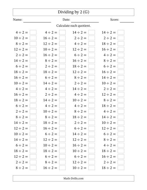 The Horizontally Arranged Dividing by 2 with Quotients 1 to 9 (100 Questions) (G) Math Worksheet