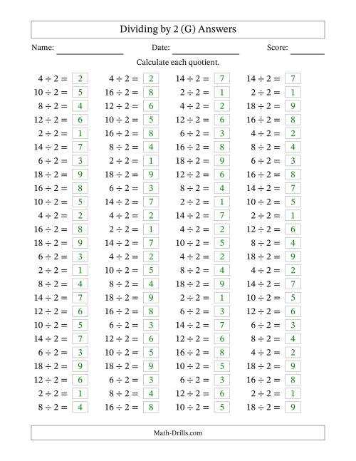The Horizontally Arranged Dividing by 2 with Quotients 1 to 9 (100 Questions) (G) Math Worksheet Page 2