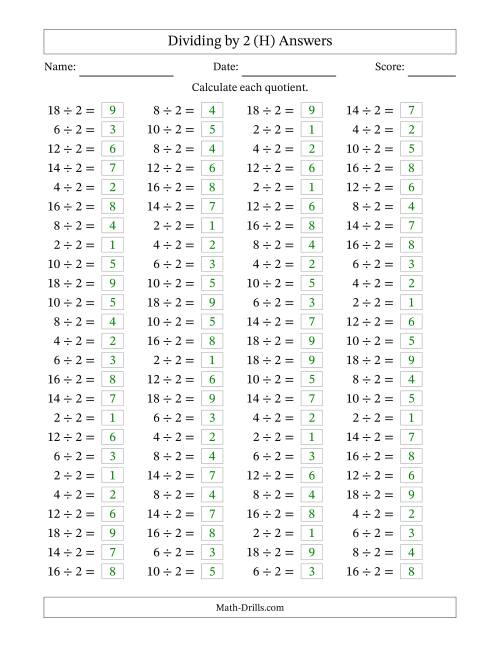 The Horizontally Arranged Dividing by 2 with Quotients 1 to 9 (100 Questions) (H) Math Worksheet Page 2