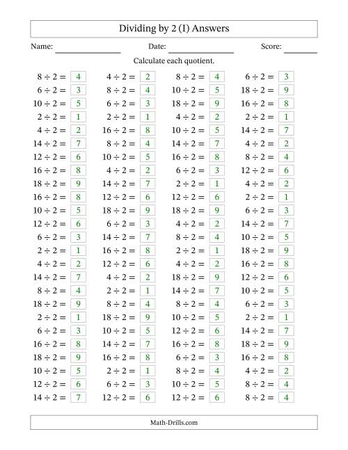 The Horizontally Arranged Dividing by 2 with Quotients 1 to 9 (100 Questions) (I) Math Worksheet Page 2