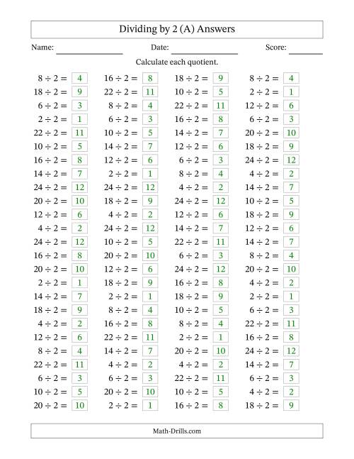 The Horizontally Arranged Dividing by 2 with Quotients 1 to 12 (100 Questions) (A) Math Worksheet Page 2