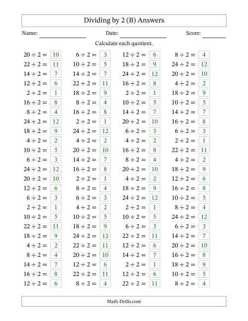 The Horizontally Arranged Dividing by 2 with Quotients 1 to 12 (100 Questions) (B) Math Worksheet Page 2