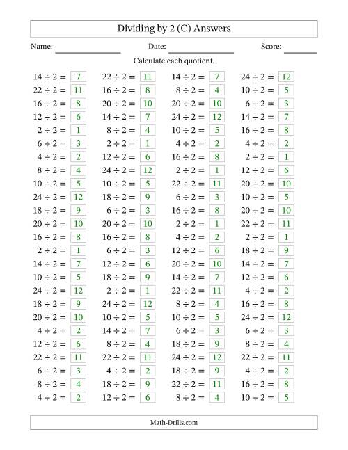 The Horizontally Arranged Dividing by 2 with Quotients 1 to 12 (100 Questions) (C) Math Worksheet Page 2