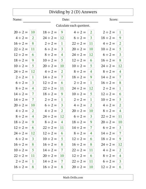 The Horizontally Arranged Dividing by 2 with Quotients 1 to 12 (100 Questions) (D) Math Worksheet Page 2