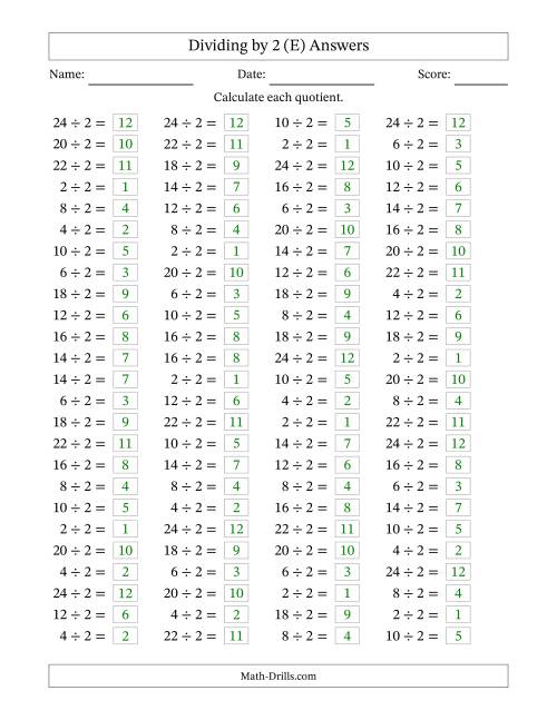 The Horizontally Arranged Dividing by 2 with Quotients 1 to 12 (100 Questions) (E) Math Worksheet Page 2