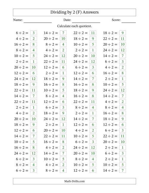 The Horizontally Arranged Dividing by 2 with Quotients 1 to 12 (100 Questions) (F) Math Worksheet Page 2