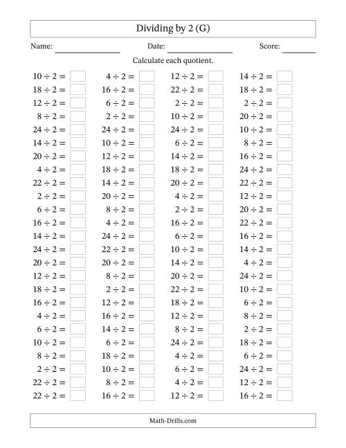 The Horizontally Arranged Dividing by 2 with Quotients 1 to 12 (100 Questions) (G) Math Worksheet