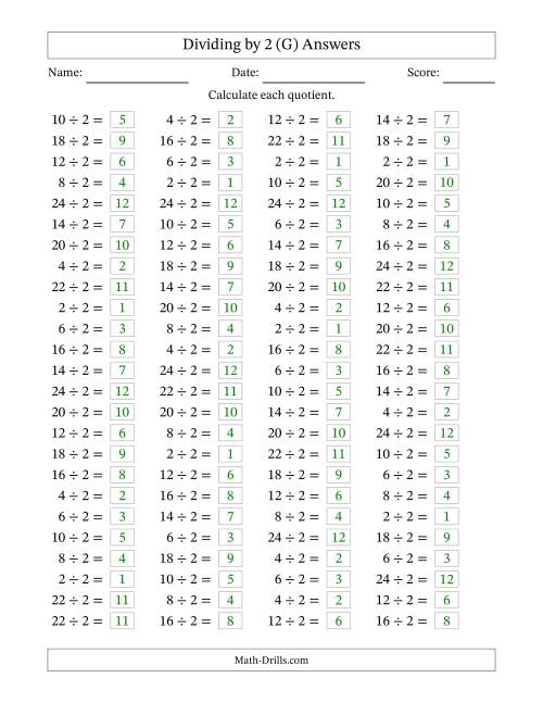 The Horizontally Arranged Dividing by 2 with Quotients 1 to 12 (100 Questions) (G) Math Worksheet Page 2