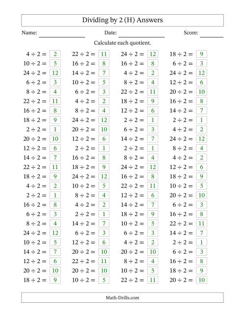 The Horizontally Arranged Dividing by 2 with Quotients 1 to 12 (100 Questions) (H) Math Worksheet Page 2