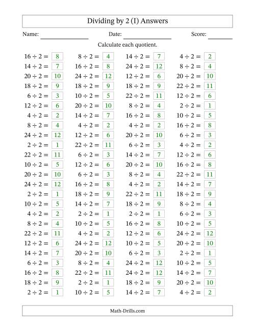 The Horizontally Arranged Dividing by 2 with Quotients 1 to 12 (100 Questions) (I) Math Worksheet Page 2