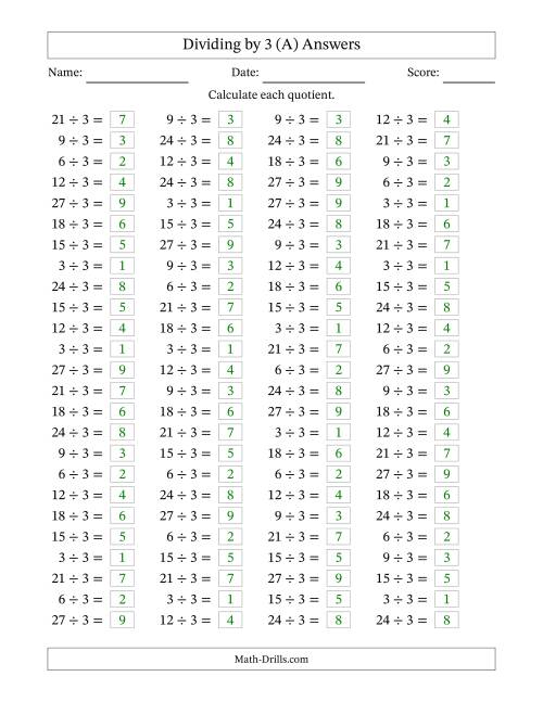 The Horizontally Arranged Dividing by 3 with Quotients 1 to 9 (100 Questions) (A) Math Worksheet Page 2